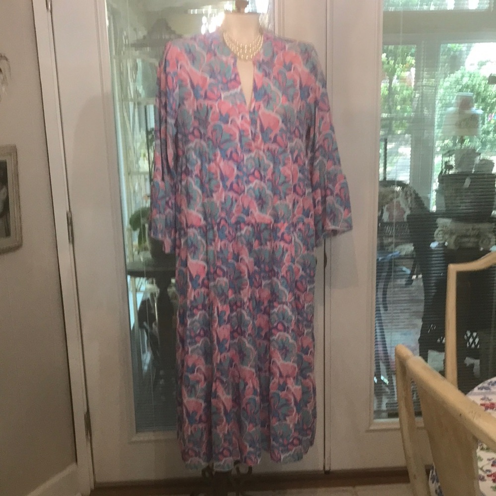 Simply Southern Casual Pink and Blue Buttoned Dress with Bishop Sleeves